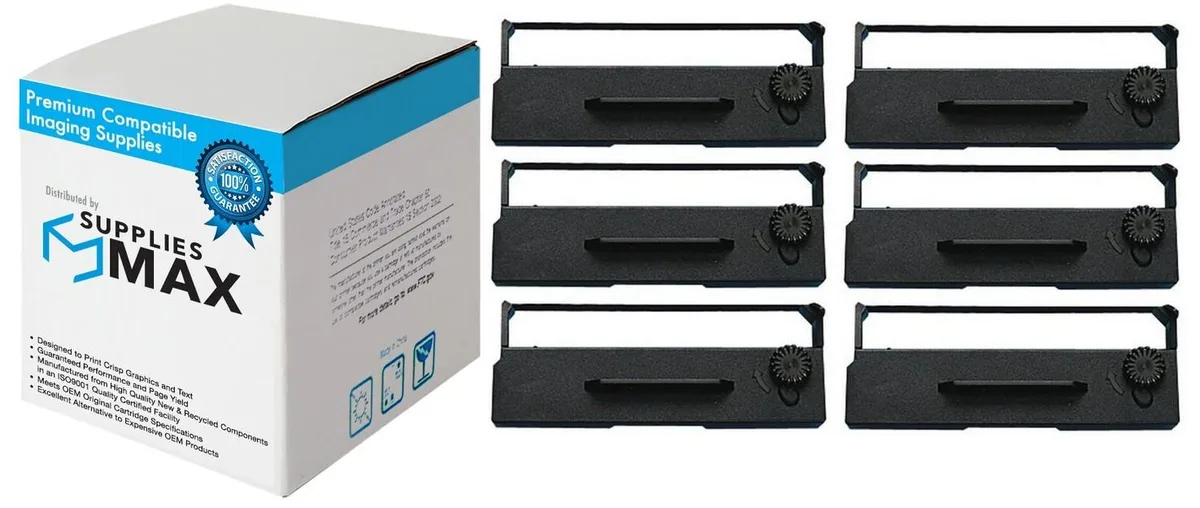 Six purple printer ribbons in individual cartridges, packed together