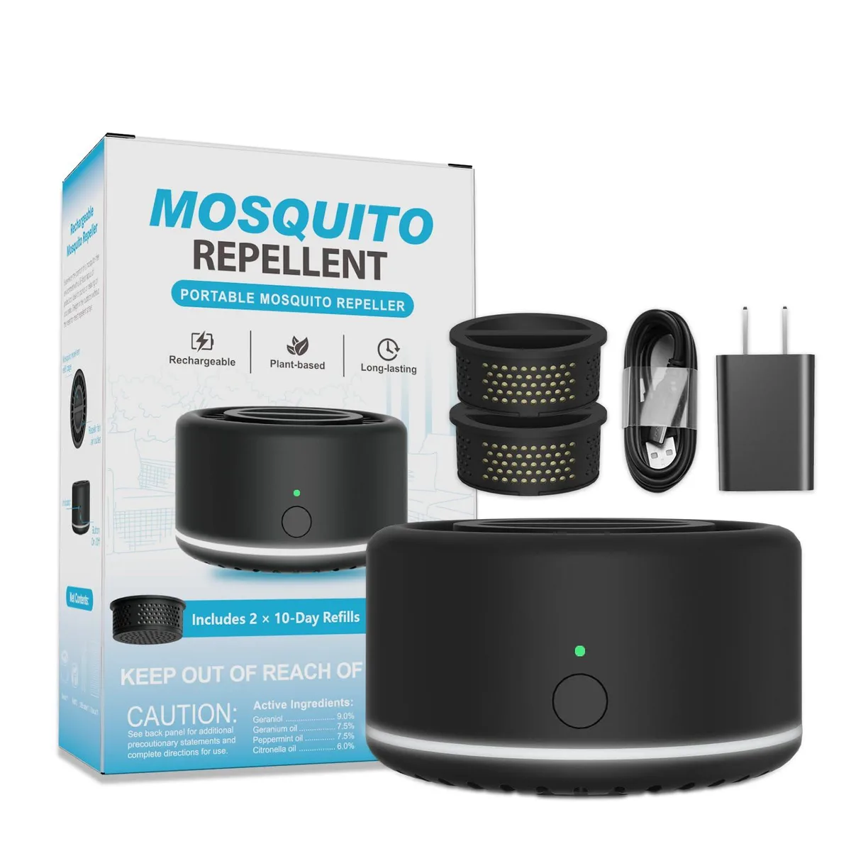 Black cylindrical mosquito repeller with USB-C port and night light, includes two refills