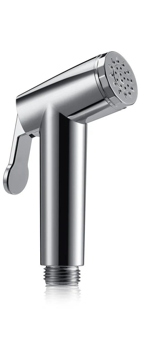 Black single-hole bath faucet with brushed finish and handheld bidet sprayer head