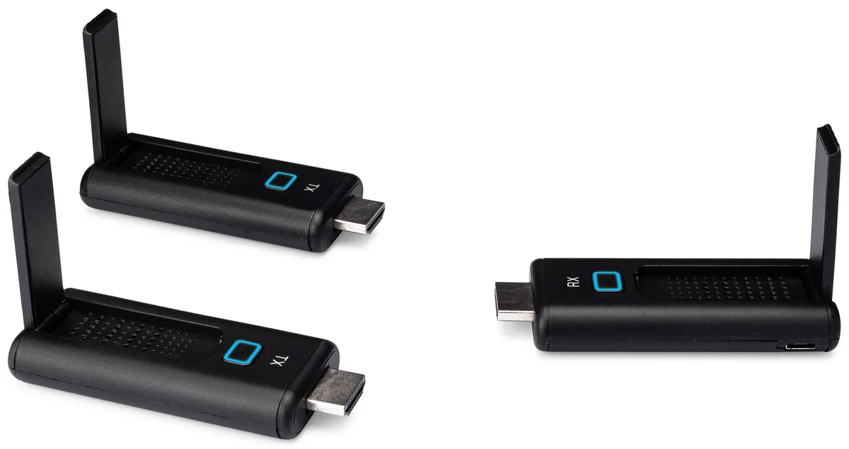 Compact wireless presentation kit with two small transmitters and one receiver in matte black finish