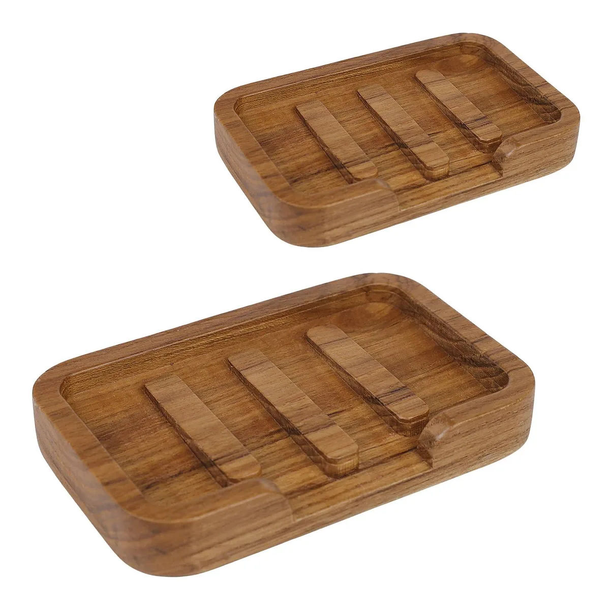Two rectangular teak wood soap dishes with slotted drainage and rounded edges