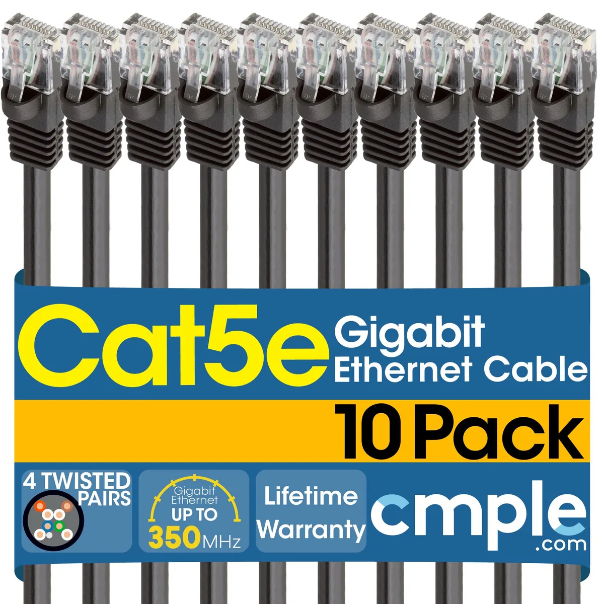 Ten black Ethernet cables with clear RJ45 plugs, coiled together
