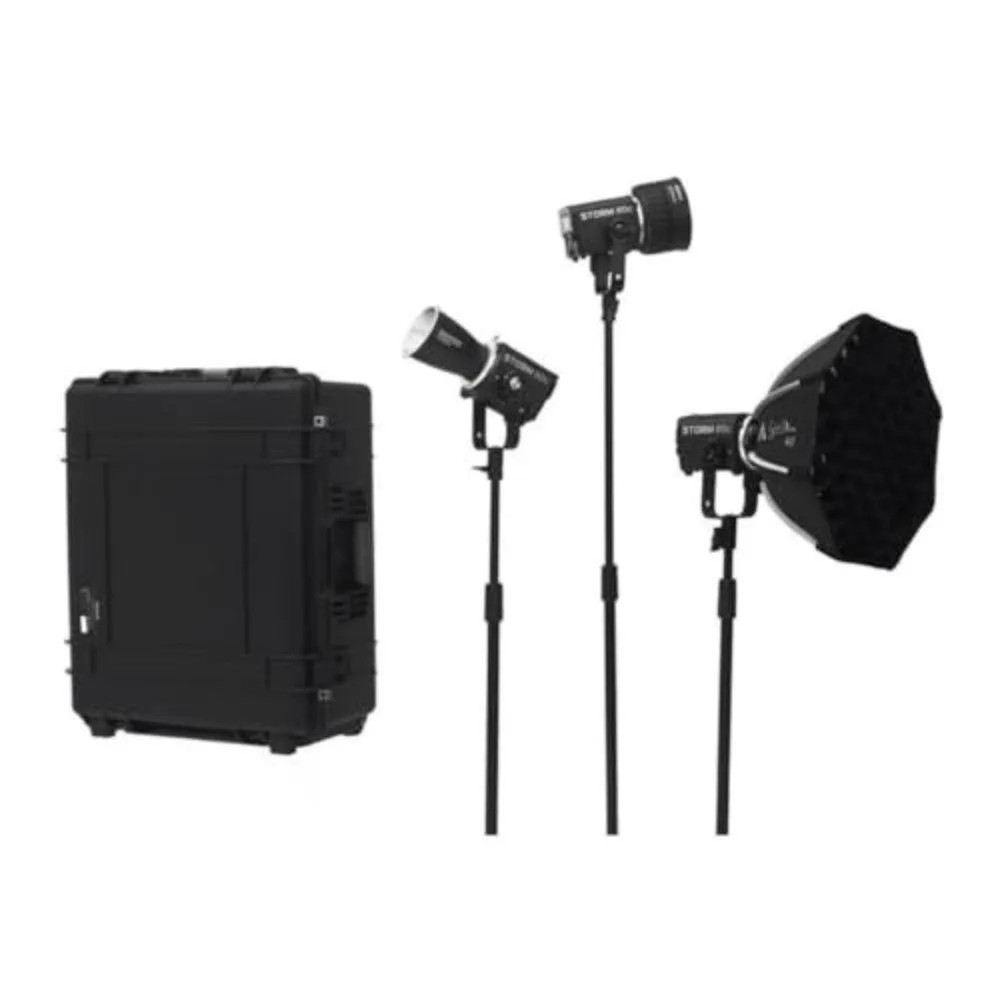 Three compact LED monolights in a rolling hard case with Fresnels, barn doors, Light Dome, and accessories