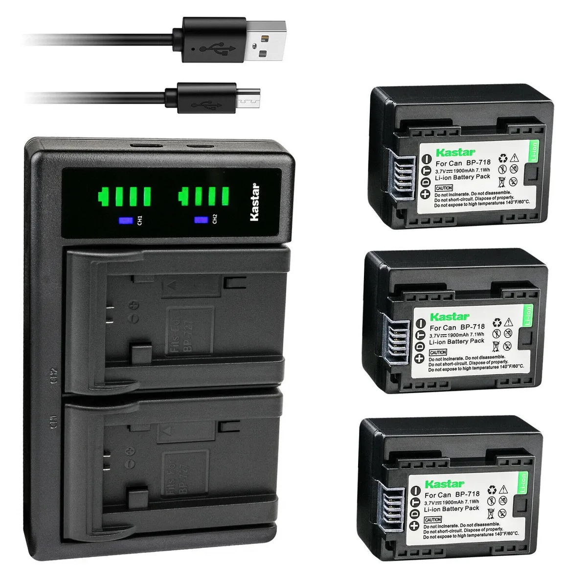 Kastar Kastar 3-pack BP-718 batteries + LTD2 USB charger — product photo