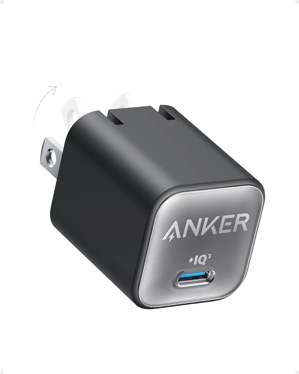 Compact white USB-C charger with foldable prongs, 1.12 inches thick