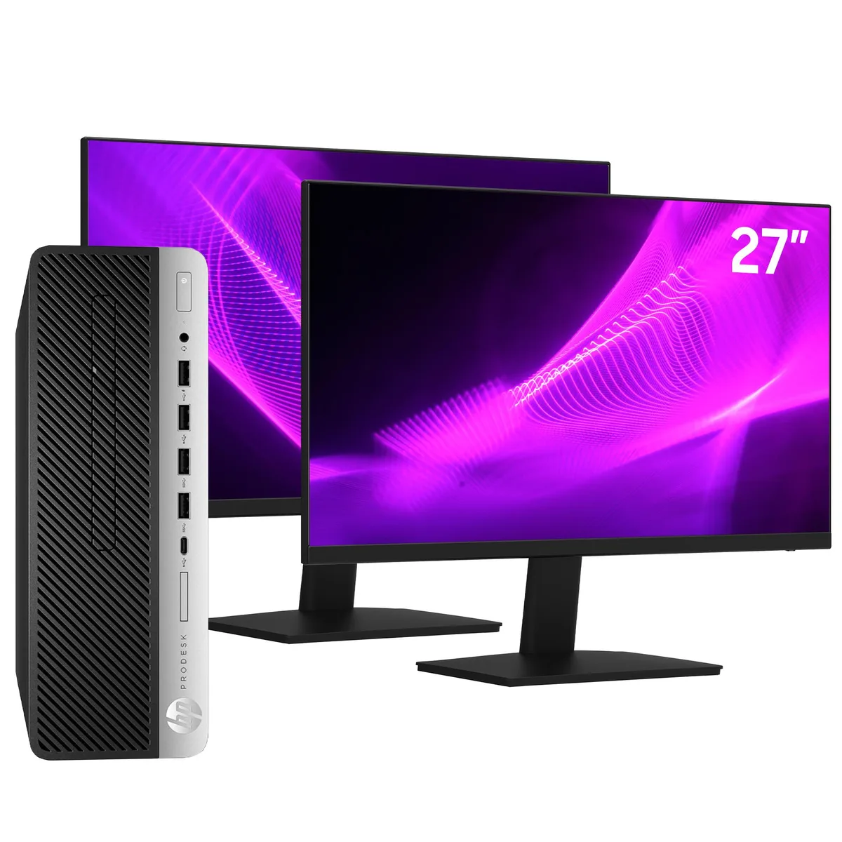 HP HP G4 SFF desktop PC i7-8700 16GB 512GB NVMe + 500GB HDD dual 27" FHD monitors — product photo