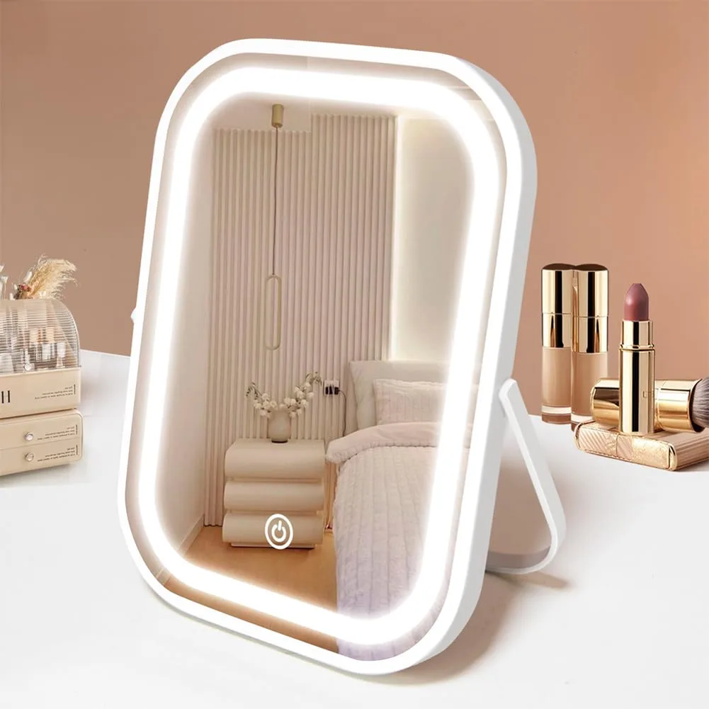 White rectangular LED vanity mirror on folding U-stand, 8.1 by 6.2 inches