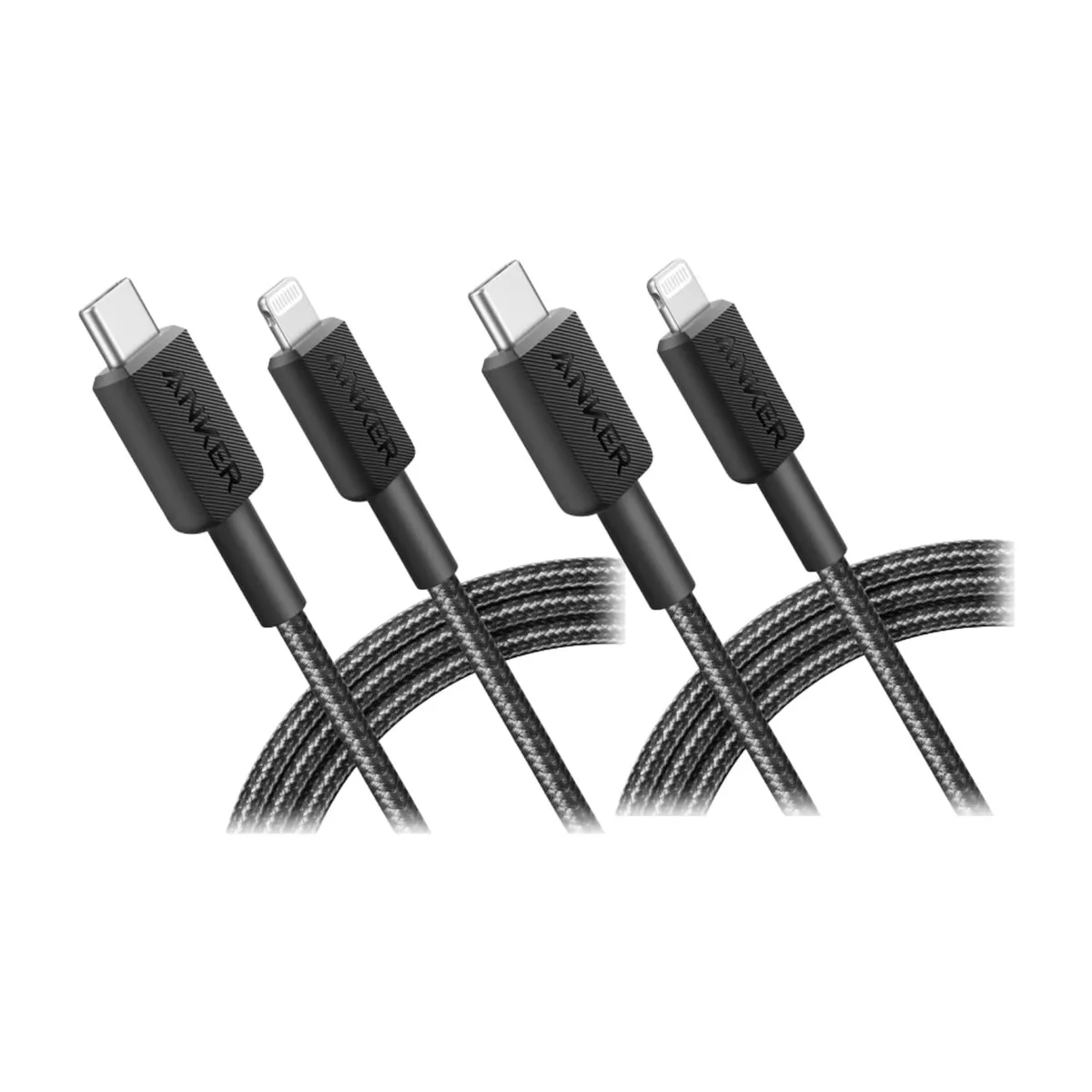Two black braided USB-C to Lightning cables coiled together