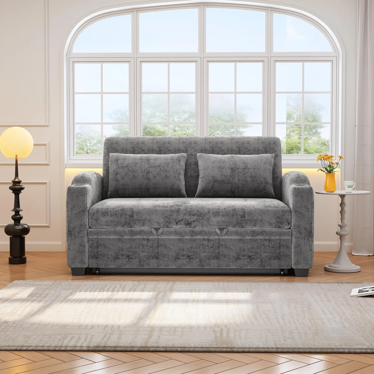 Gray chenille pull-out loveseat with adjustable backrest, two pillows, cup holders and USB ports