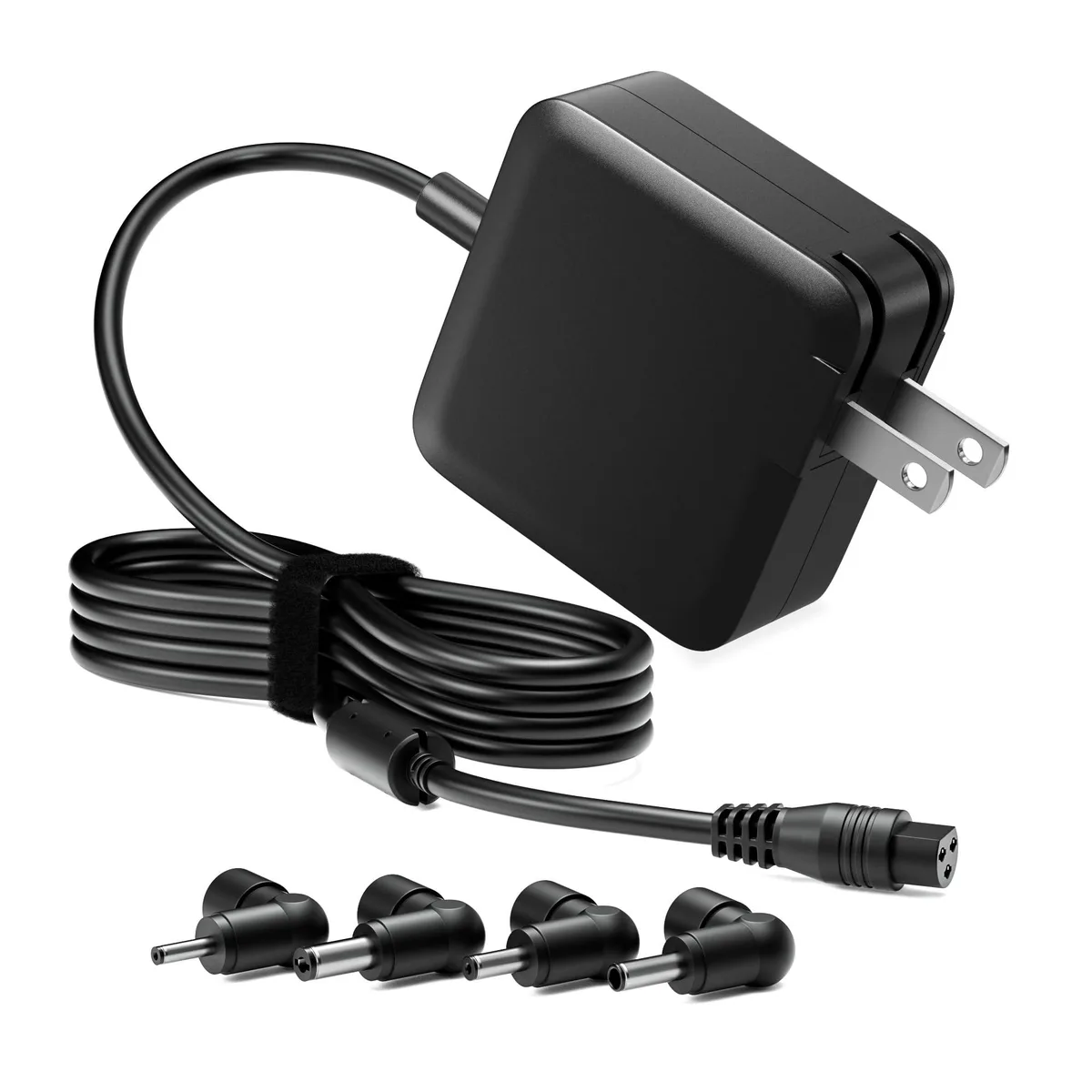Black rectangular AC adapter with four interchangeable barrel tips and a detachable power cord