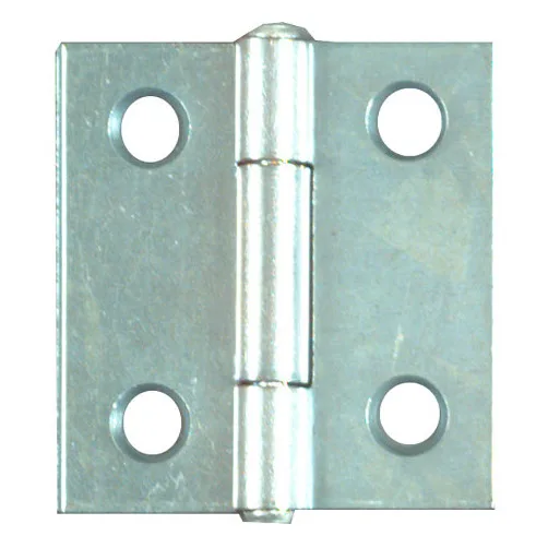 Two small steel butt hinges with a dull zinc finish, square corners and fixed pins, shown as a pair
