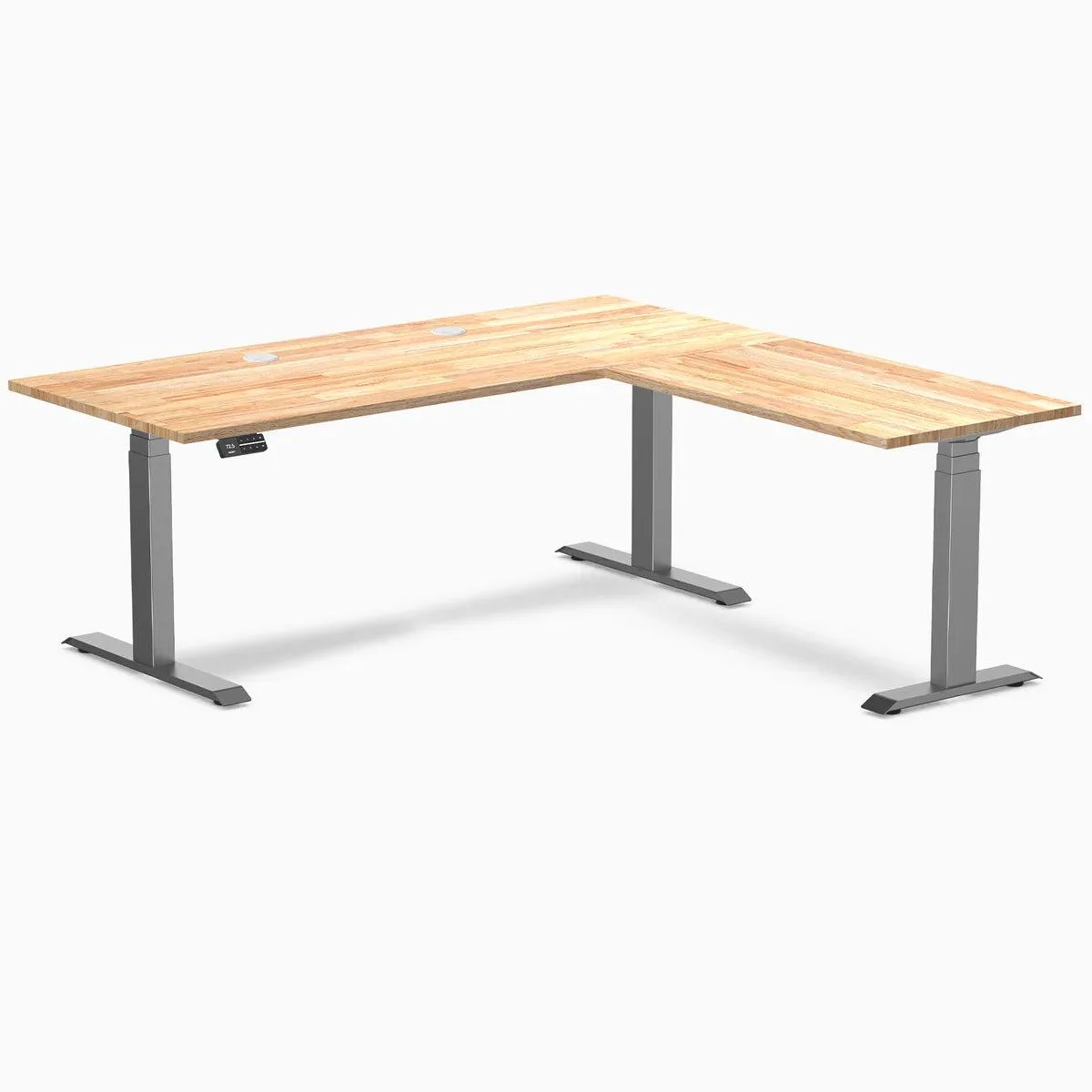 Desky Desky Rubberwood L-Shape Sit Stand Desk 72x30x70x24 in Natural Timber Space Grey office furniture — product photo