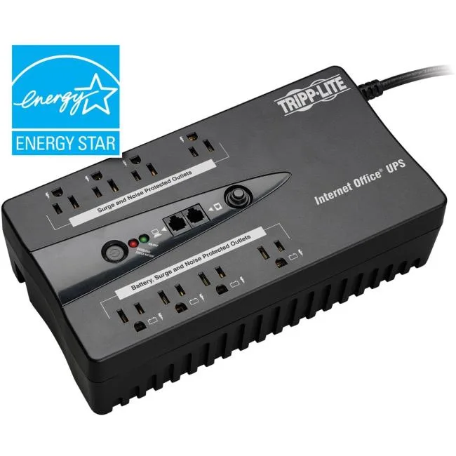 Compact beige desktop UPS with front LED panel and rear outlets