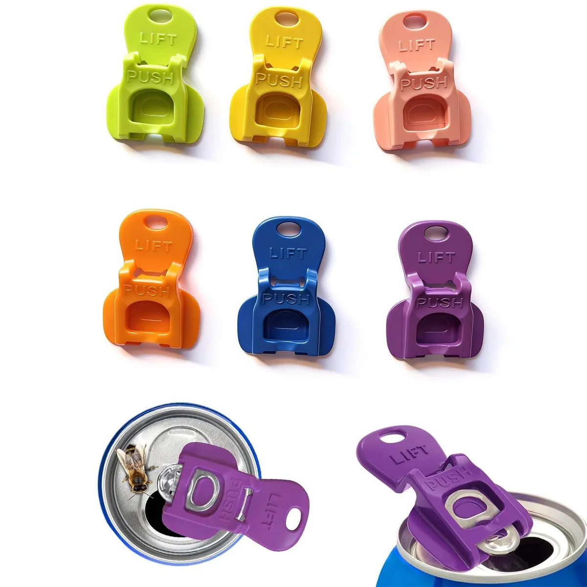 Six colourful plastic can openers with rotating covers