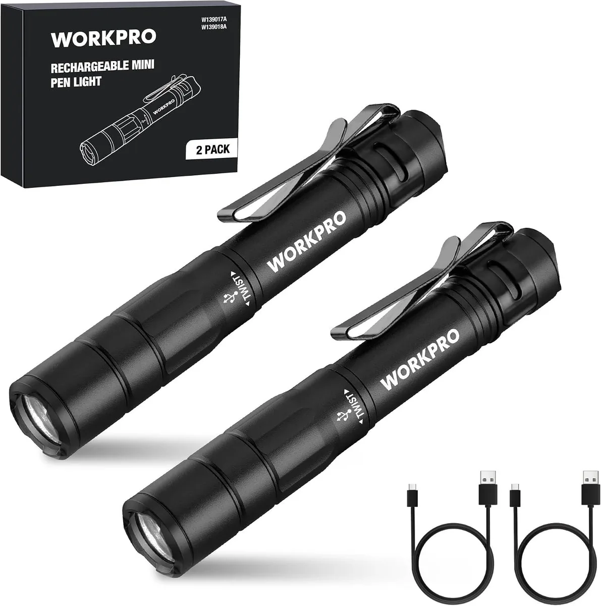 Two black pen-style flashlights with pocket clips and USB-C cables