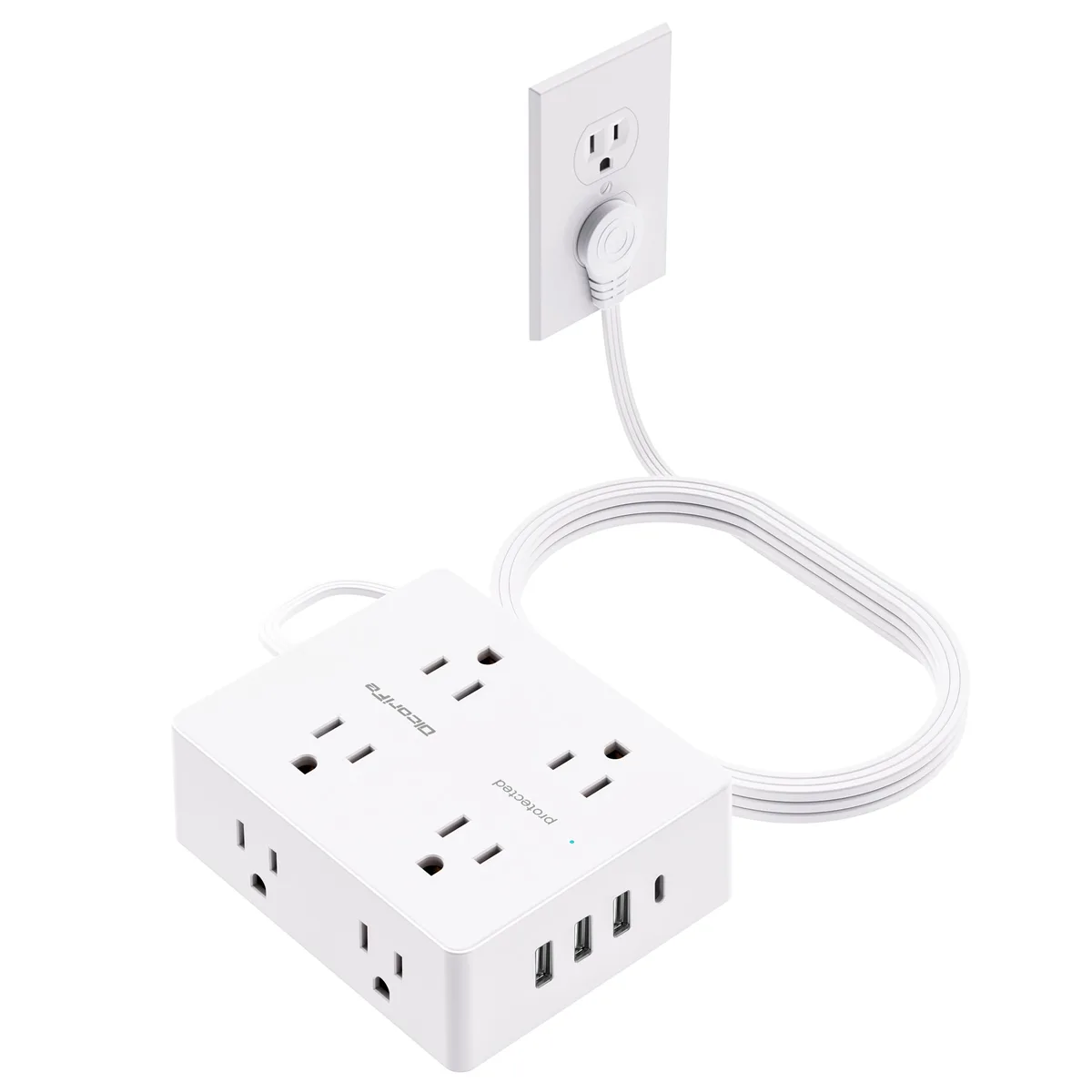  Olcorife Flat Plug Power Strip 15 FT 8 Outlets 4 USB Ports 1 USB-C 3 Sided White — product photo