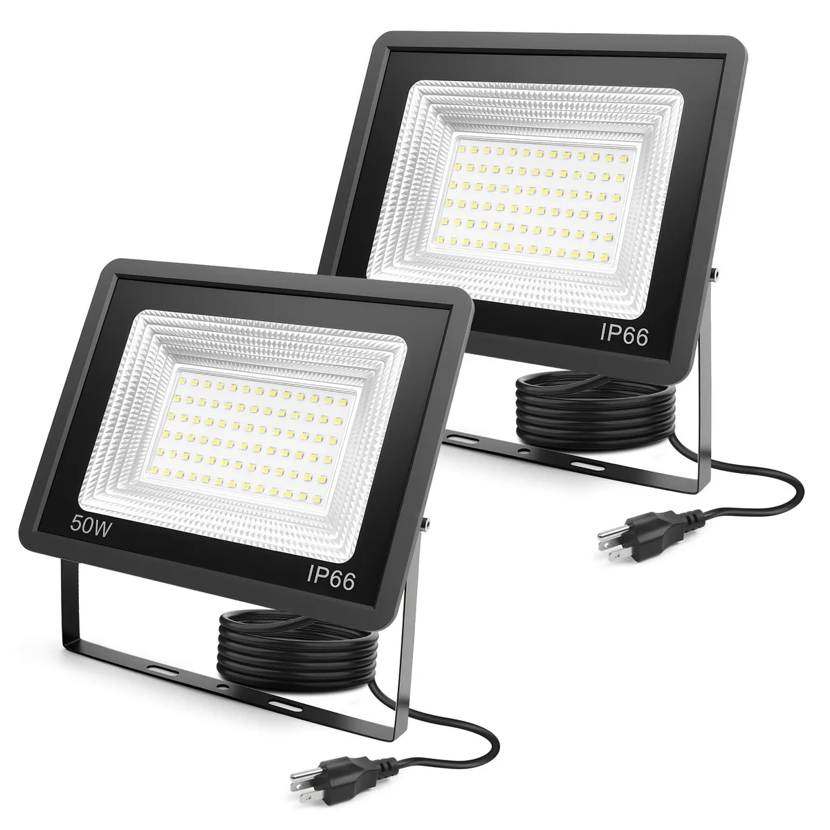 Two white rectangular LED floodlights with adjustable brackets and cords