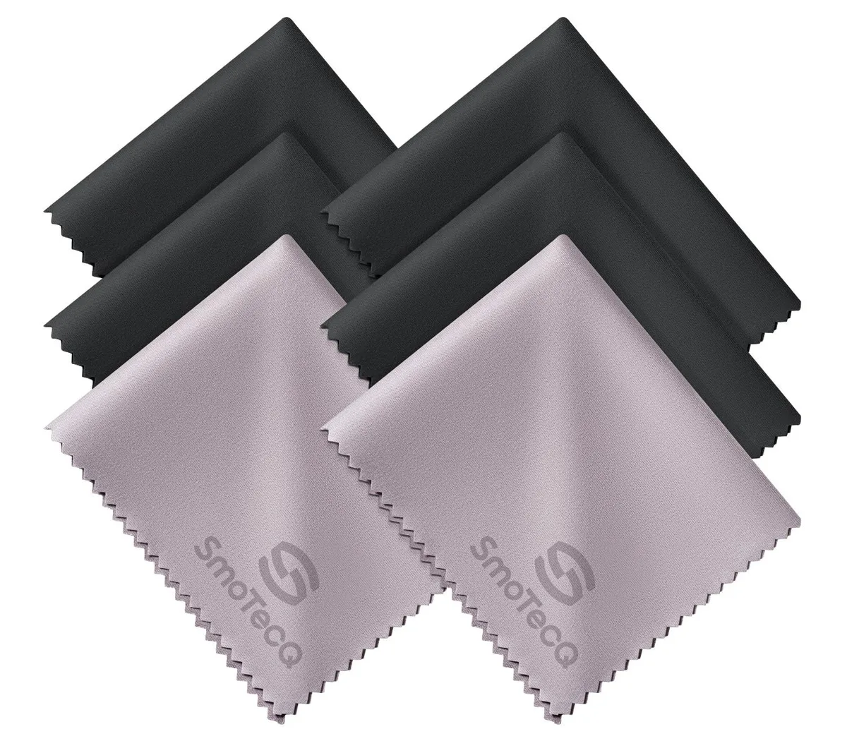 Six black and grey microfiber cloths in individual wrappers