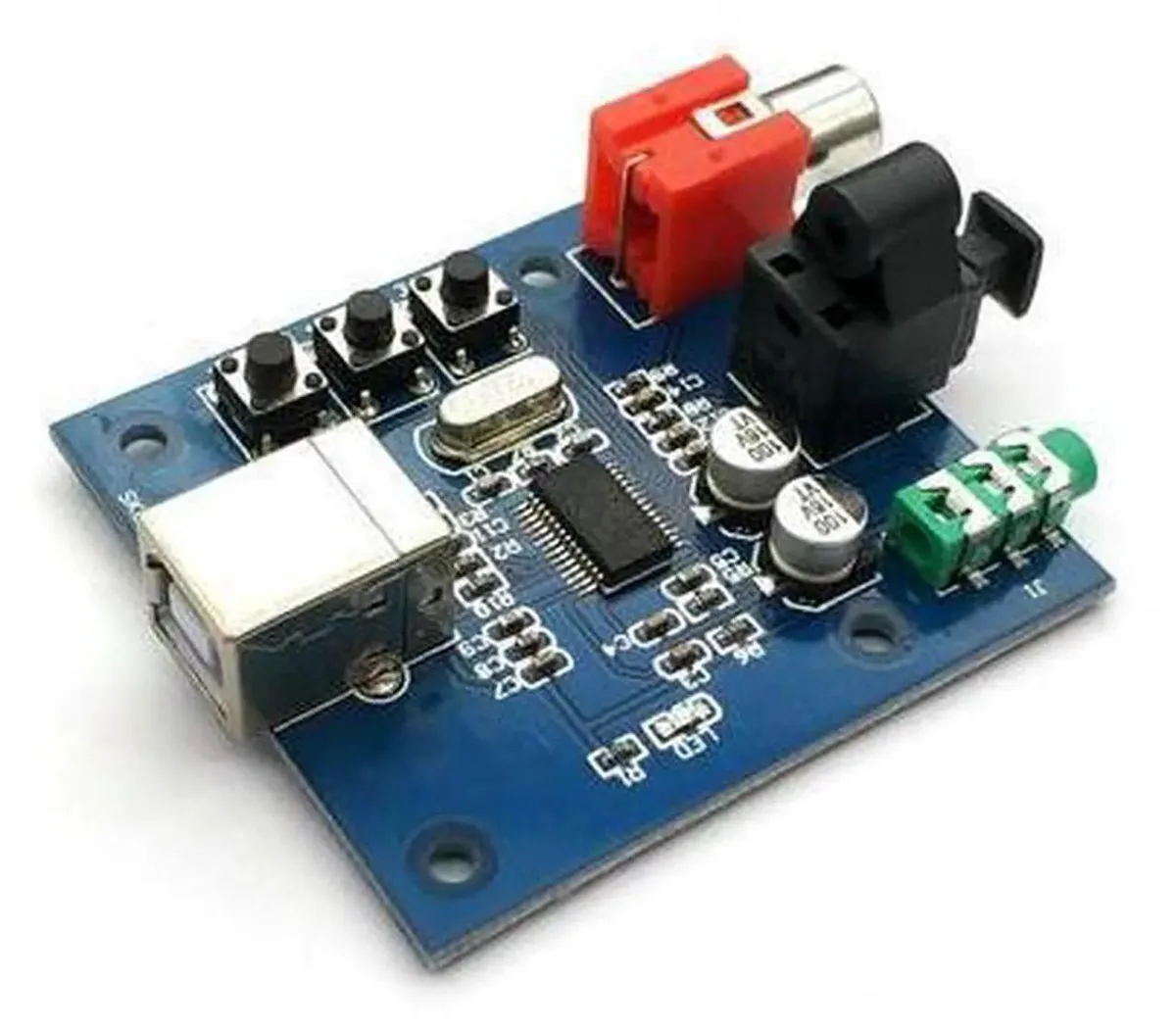 Small green circuit board with USB plug, 3.5mm jack and digital audio output