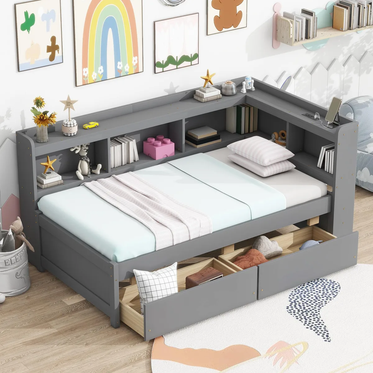 Grey pine twin L-shaped bed with bookcases, drawers and power outlets