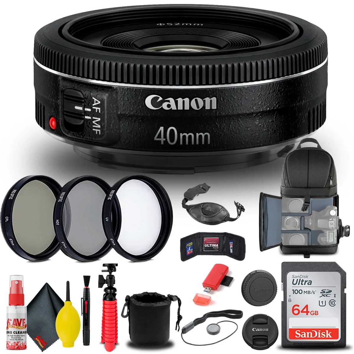 Canon Canon EF 40mm f/2.8 STM Lens Bundle with Filter Backpack 64GB Card — product photo