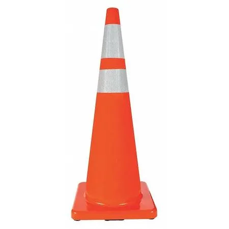 Orange PVC traffic cone 36 in tall with two reflective collars square base 14 in sides weighing 12 lb