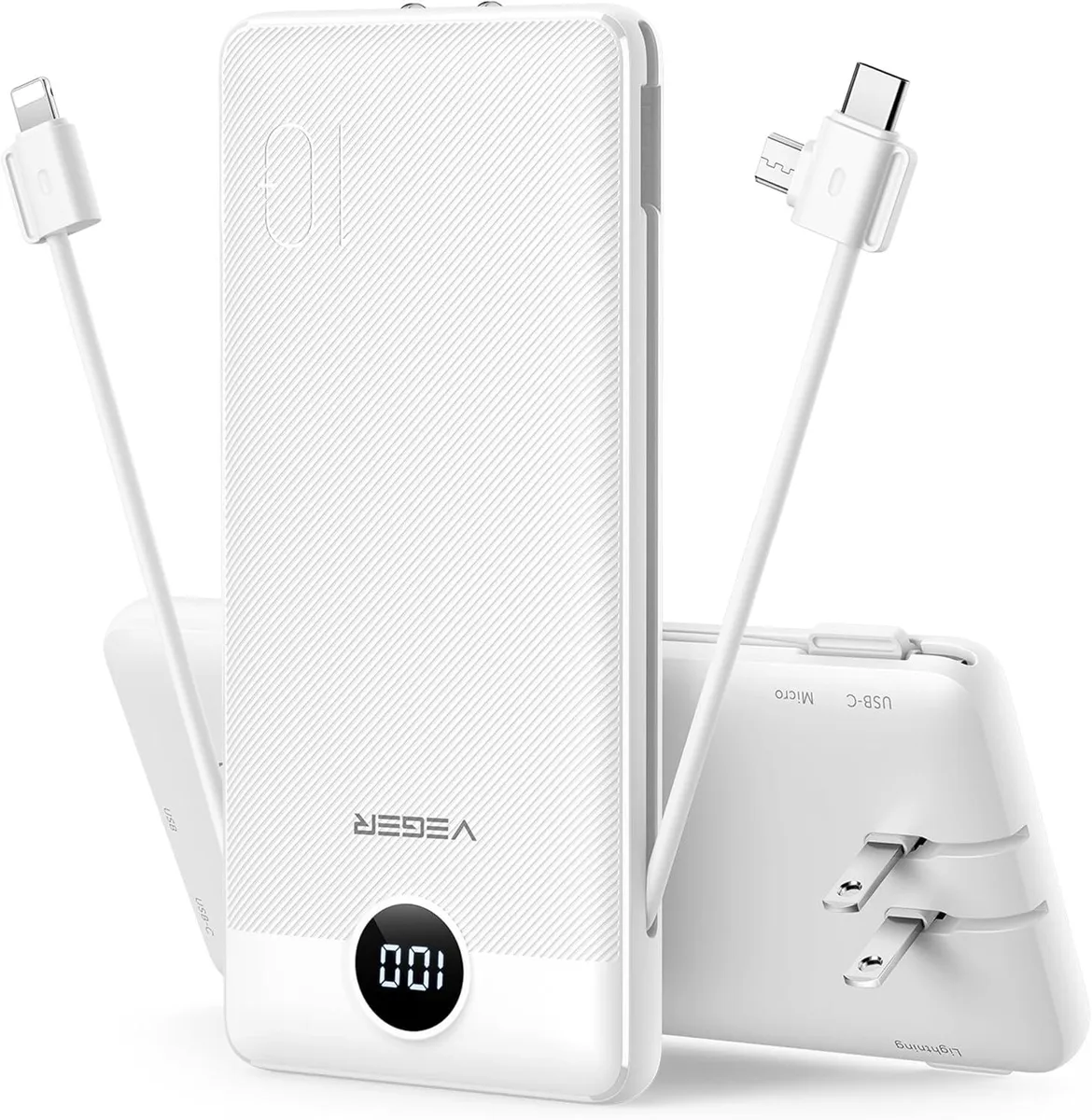 WOOJONG WOOJONG 10000mAh power bank with built-in cables and wall plug (White) — product photo