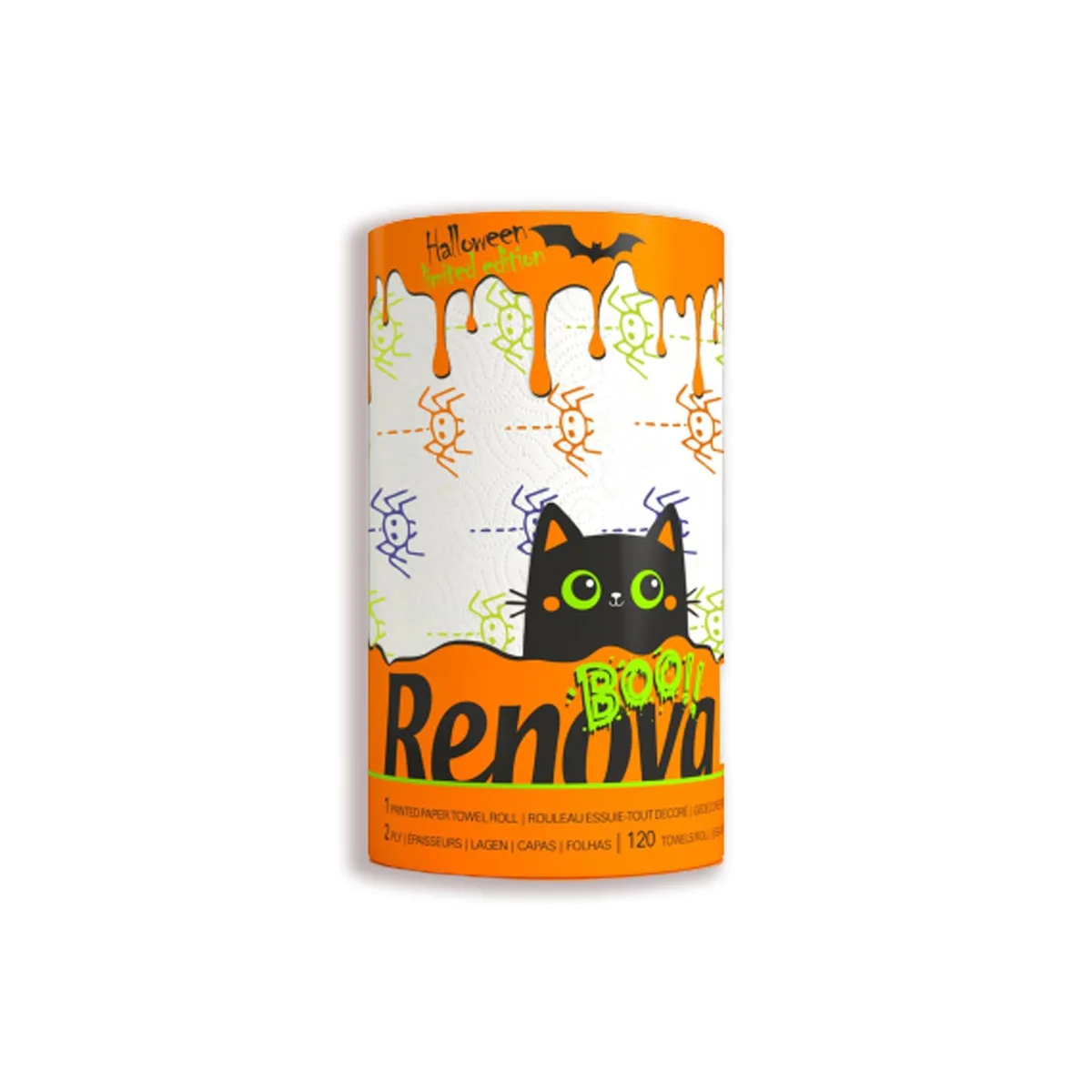 White paper towel roll with Halloween ghost spider candy designs 120 sheets 2 ply