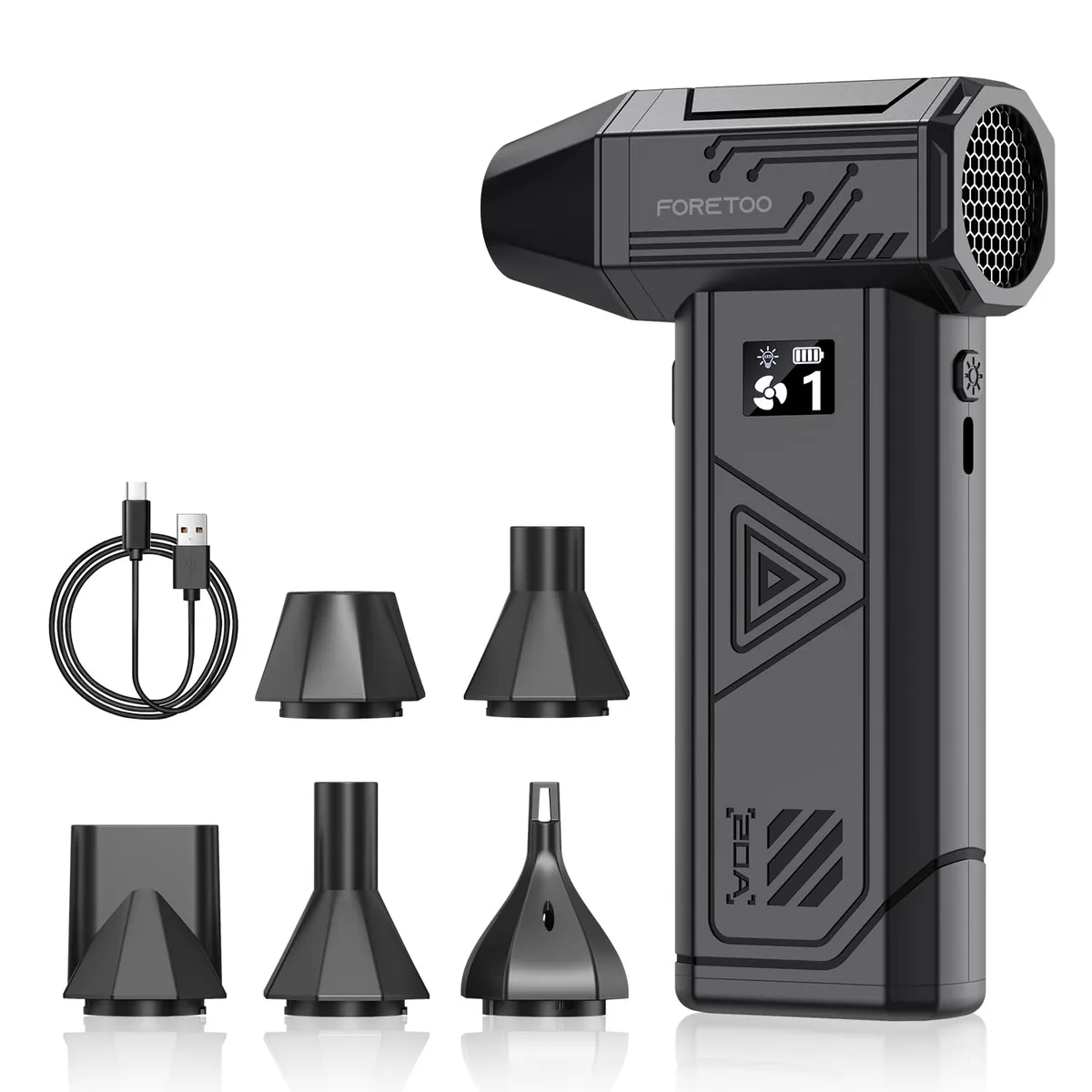 Black plastic electric air duster with LED display, compact cylindrical shape, rechargeable via Type-C