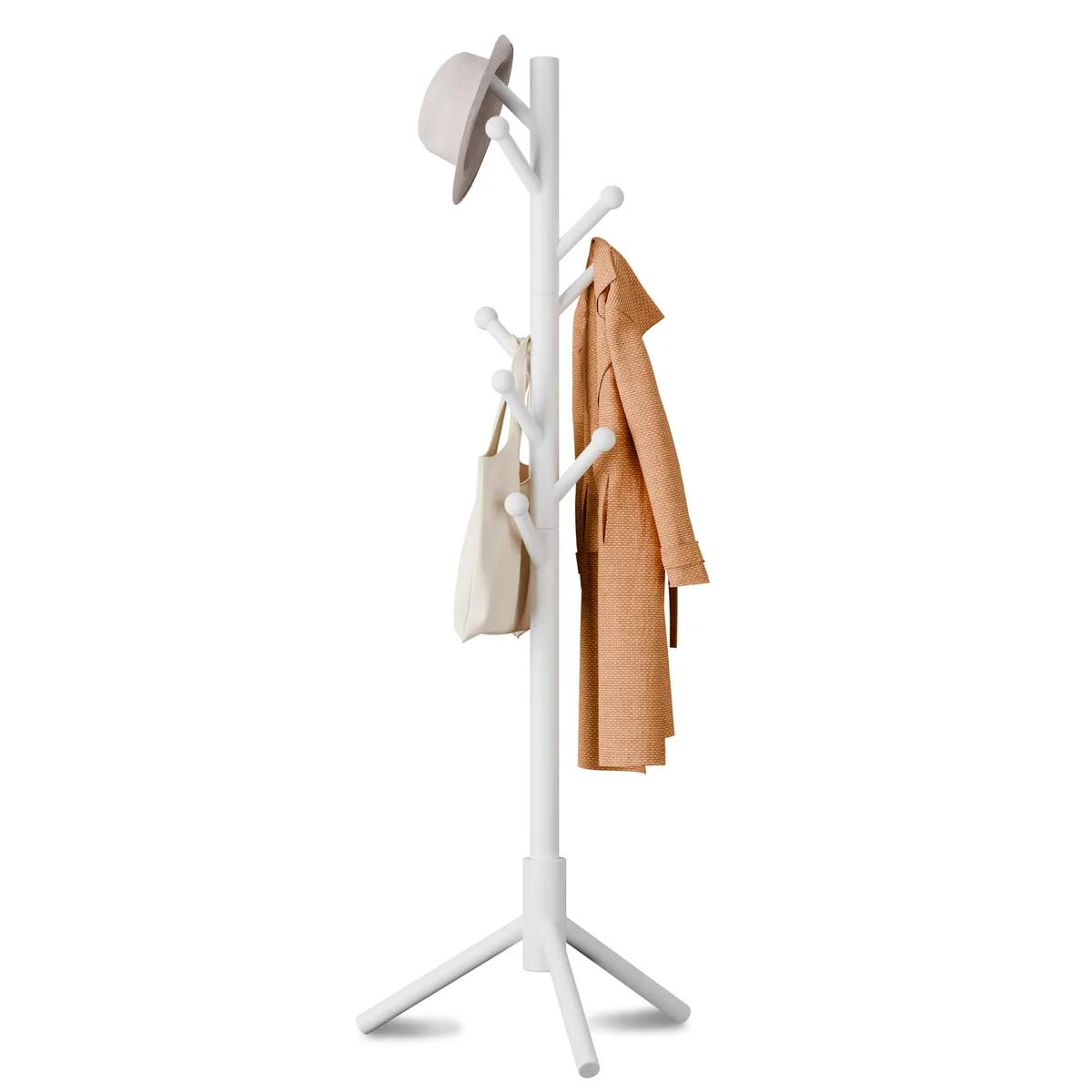 White freestanding coat rack with eight round hooks and triangular base, adjustable to three heights