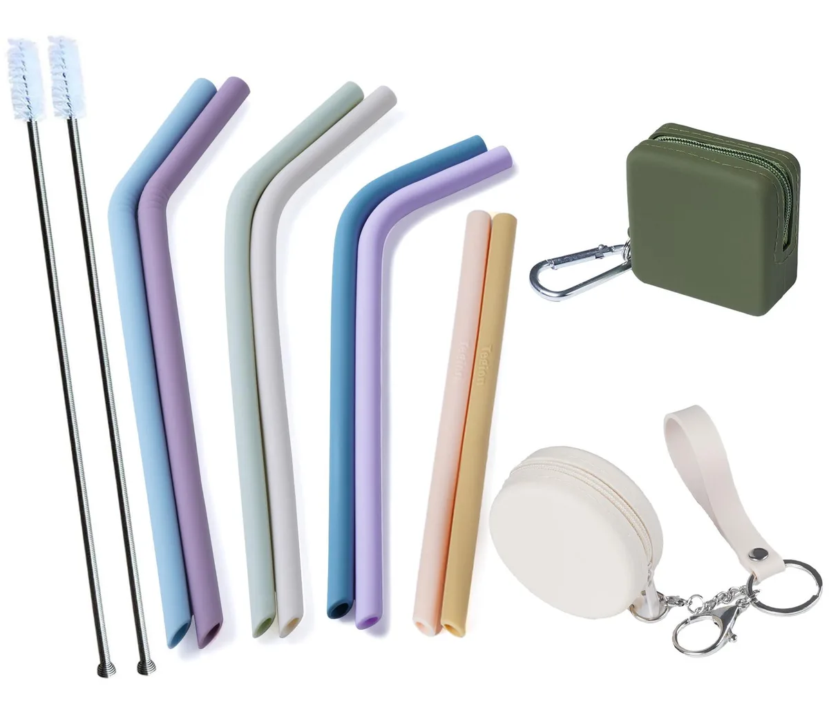 Pastel blue silicone straws in two zippered keychain cases, ten pieces total