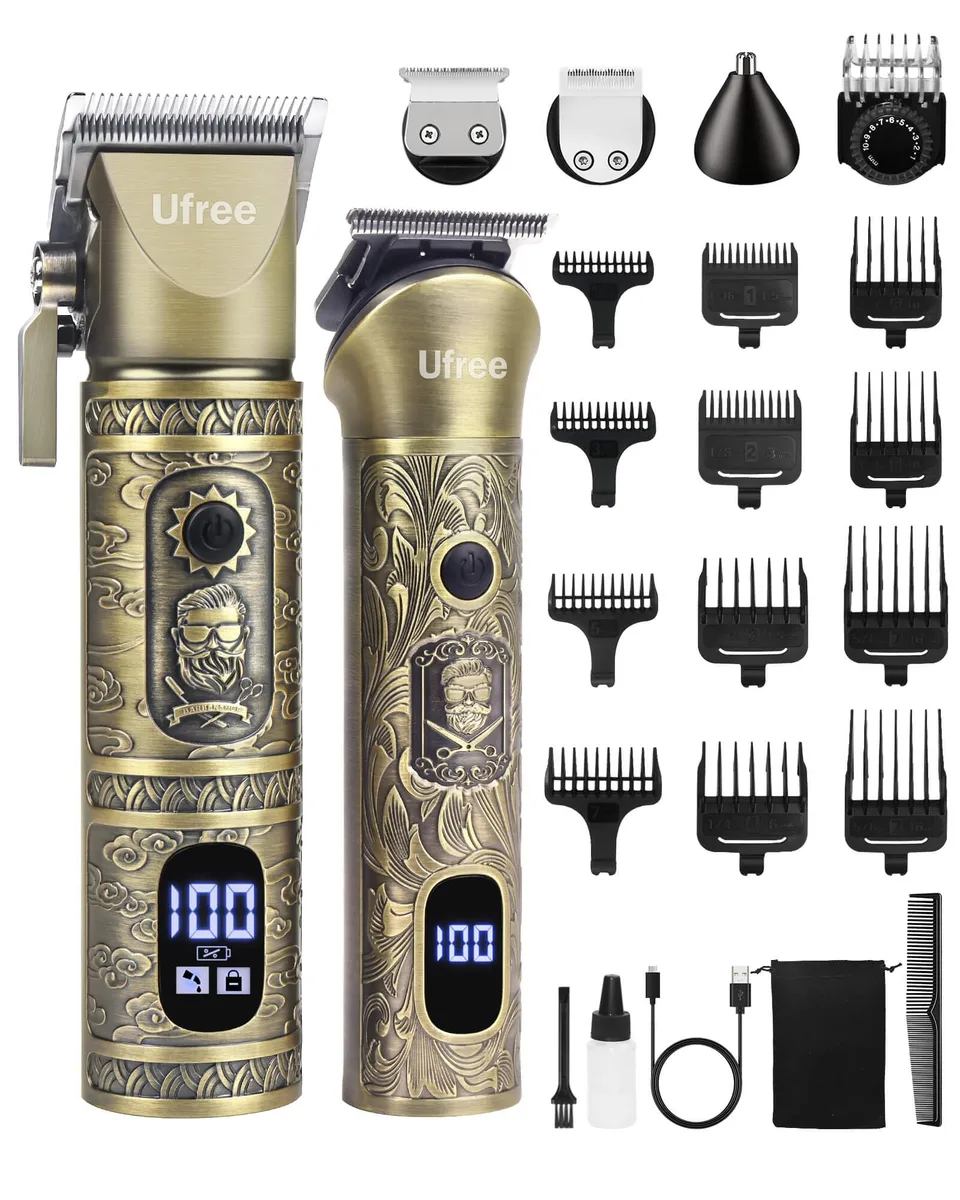 Black grooming kit with clipper, three trimmer heads, guide combs and accessories