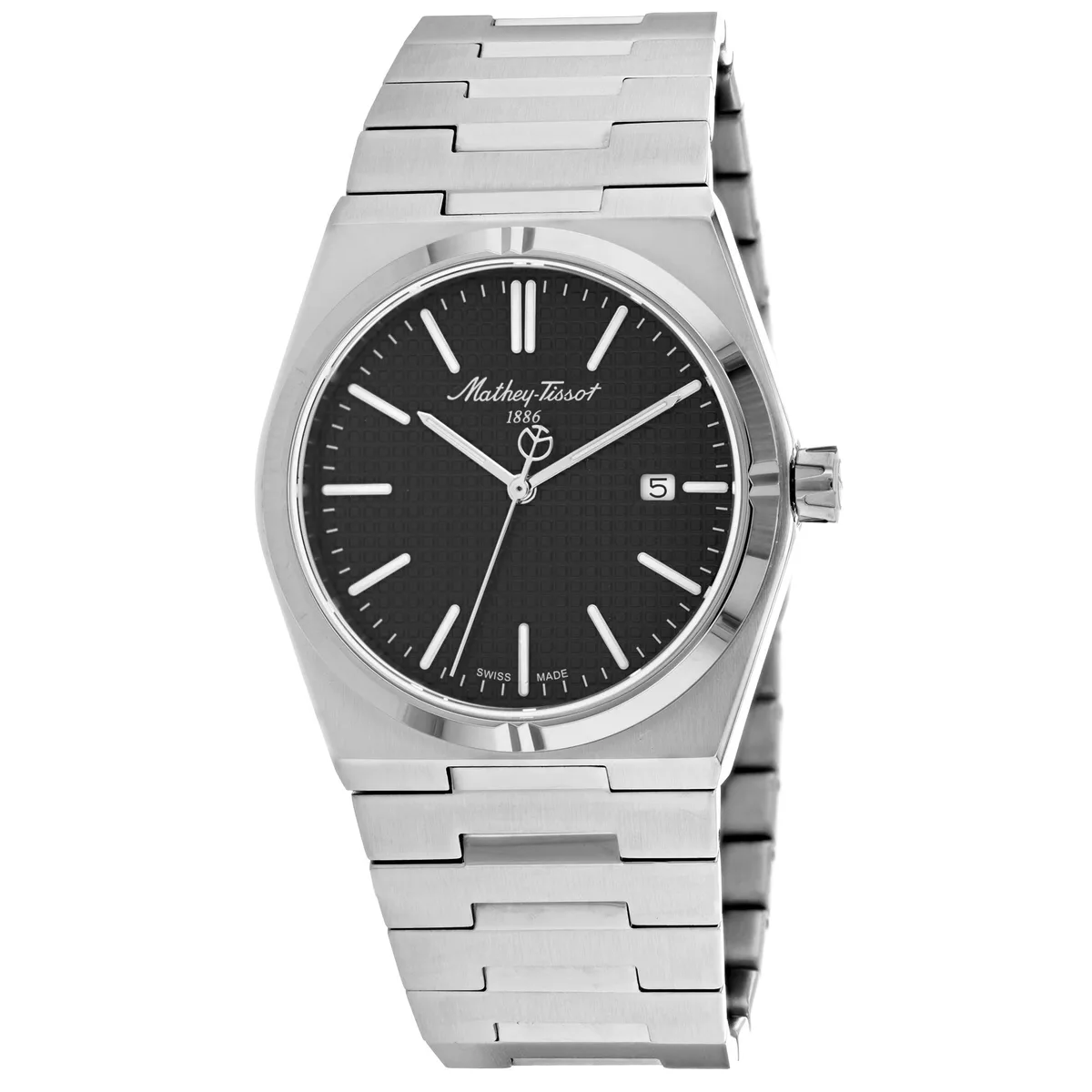 Stainless steel watch with black dial and metal bracelet