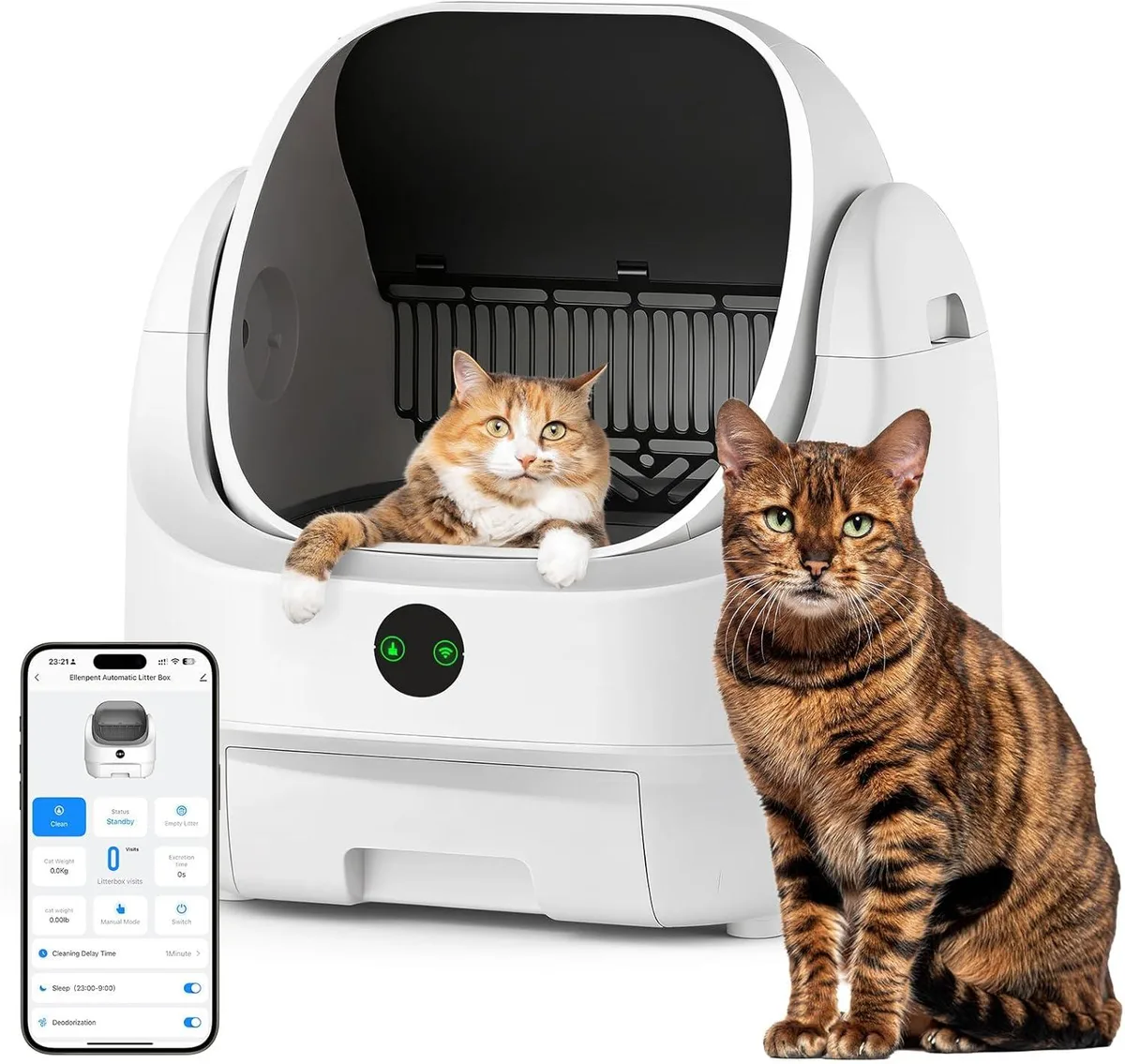 White open-top automatic litter box with app control and safety sensors