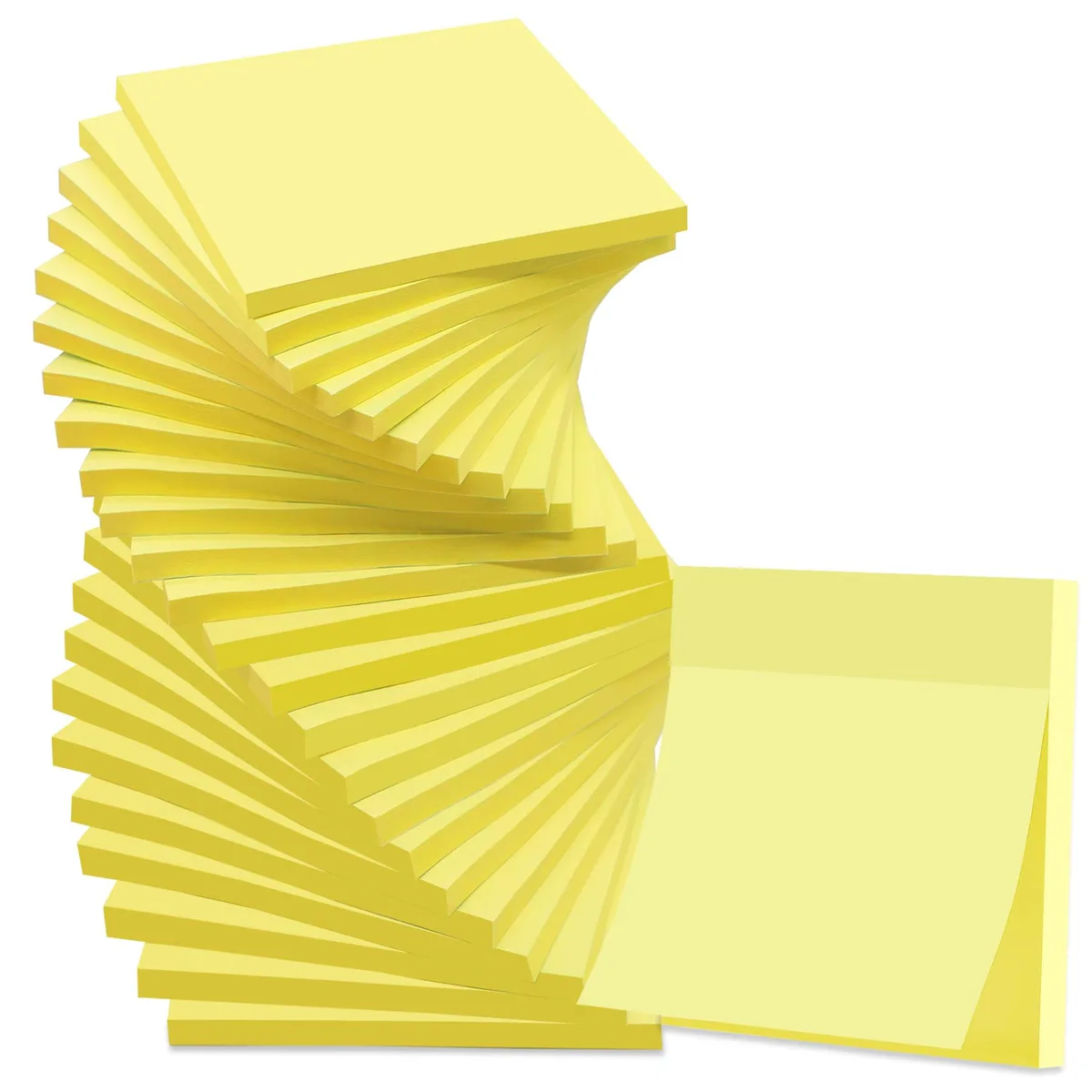 Twenty-four square yellow sticky-note pads, each 3 by 3 inches, stacked in a rectangular pack