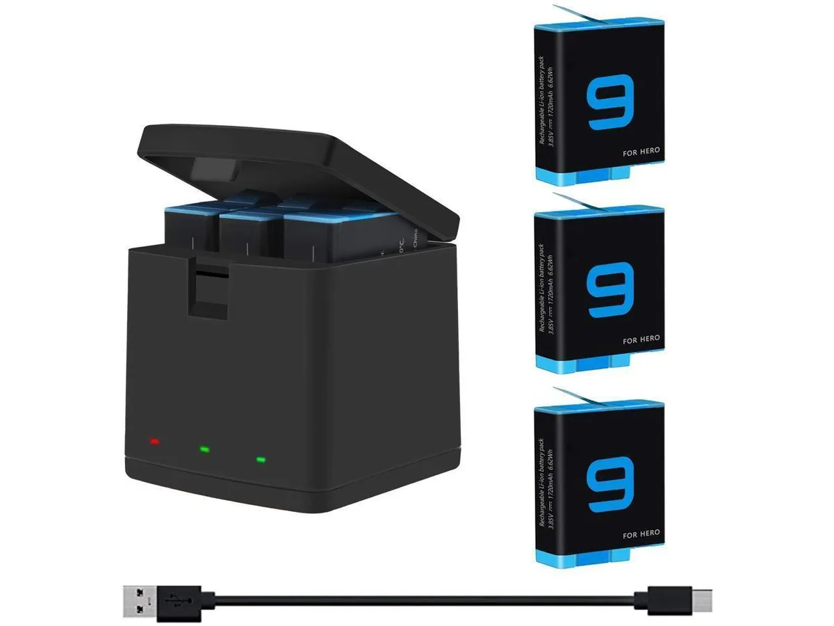 Black protective case with closed lid for three GoPro batteries and USB charger
