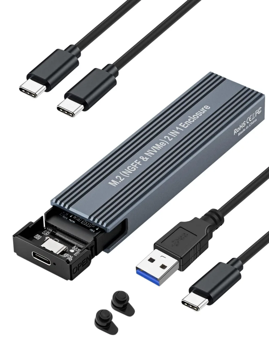 Gray aluminium M.2 SSD enclosure with striped heatsink and USB-C port
