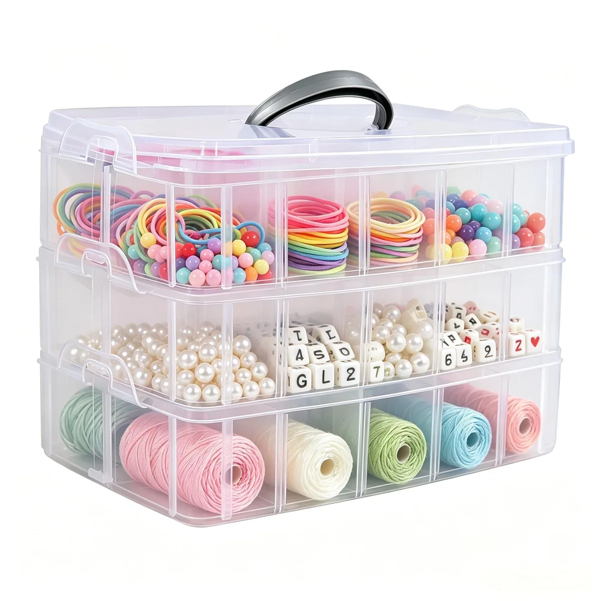 Transparent three-tier plastic box with handle and side latches, 30 adjustable compartments