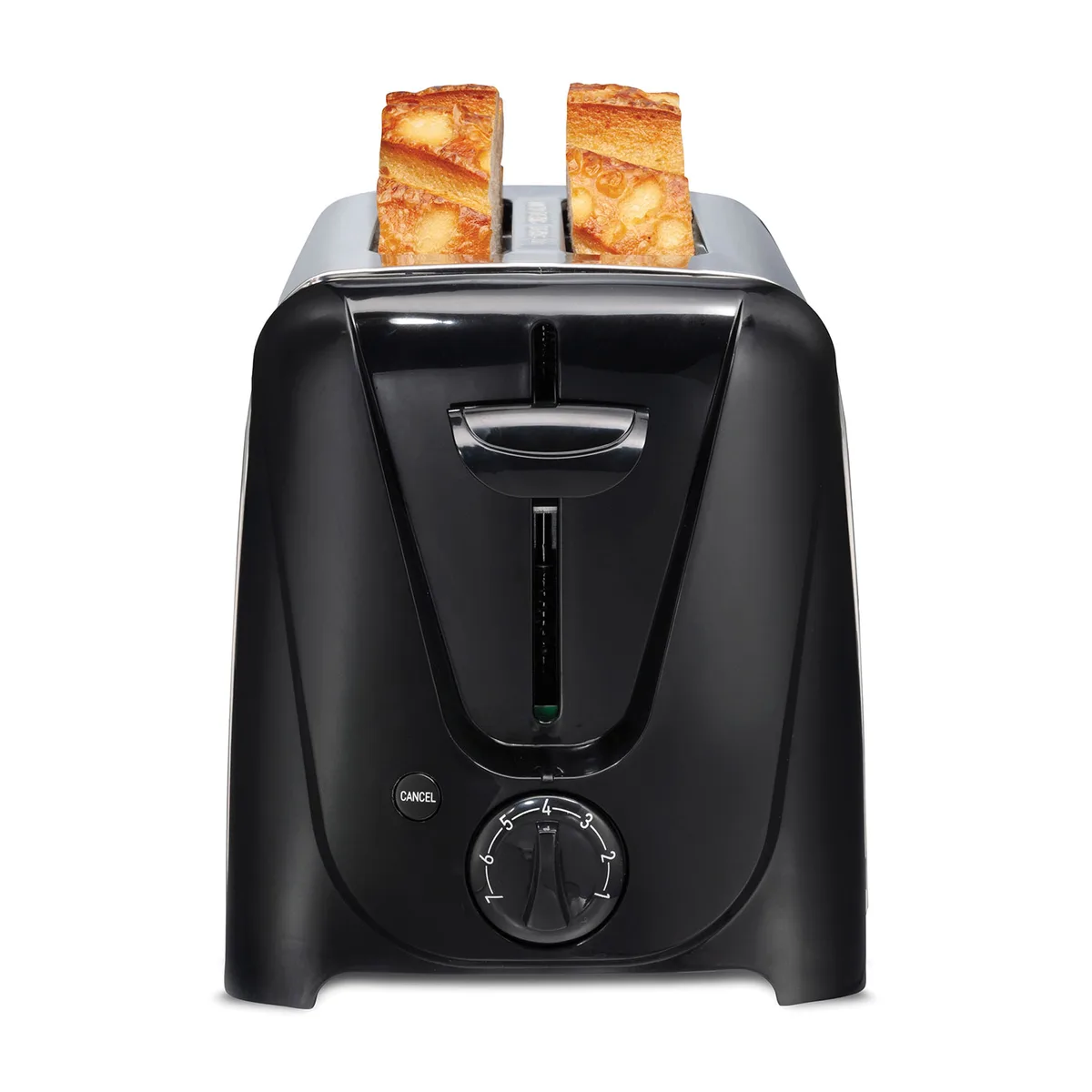 Compact black two-slice toaster with manual controls and drop-down crumb tray