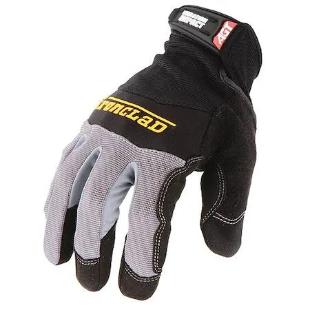 Black and grey mechanics gloves with gel-padded synthetic leather palms and hook-and-loop cuffs