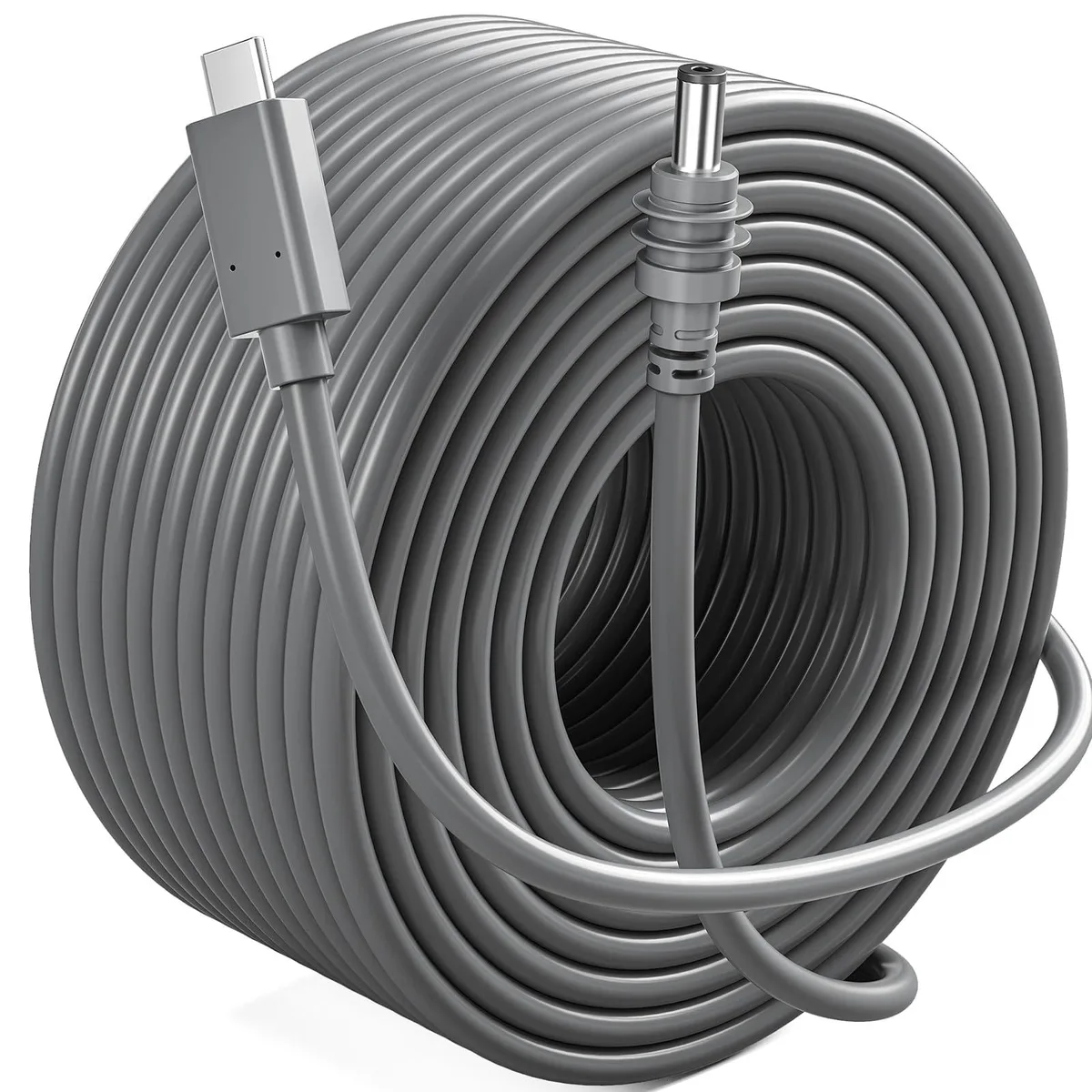 Grey USB-C to DC power cable coiled 16 ft long
