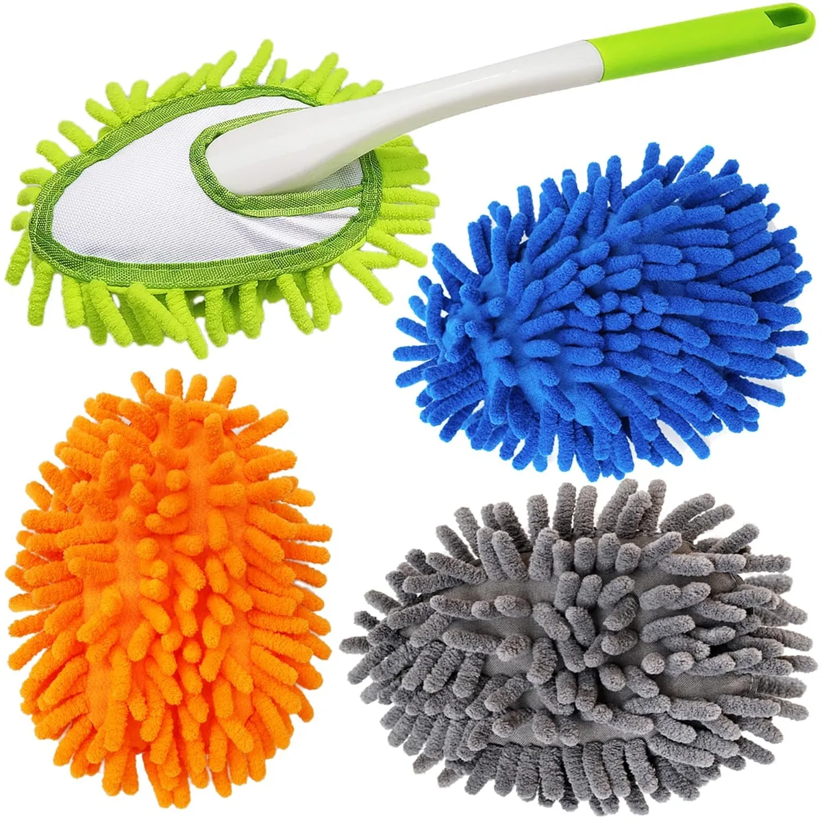 A 13 inch microfiber feather duster with four washable cloths attached to a handle