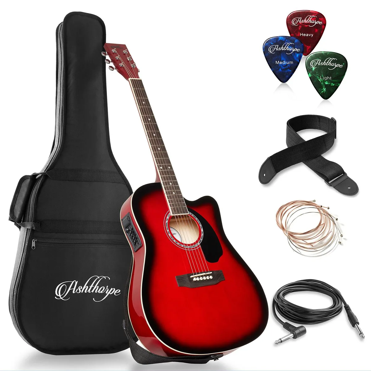Ashthorpe Ashthorpe 41" Full-Size Cutaway Thinline Acoustic-Electric Guitar Red — product photo