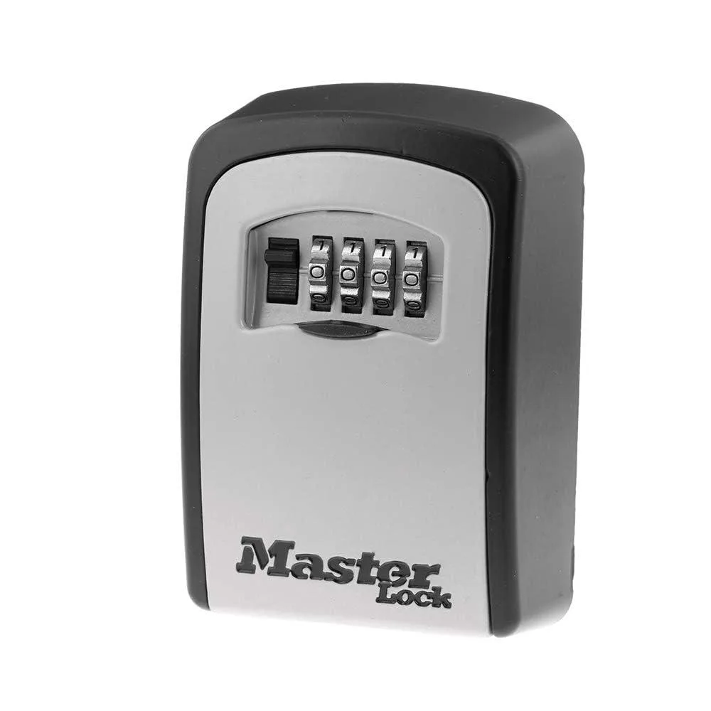Black rectangular metal lock box with combination dial and shutter door