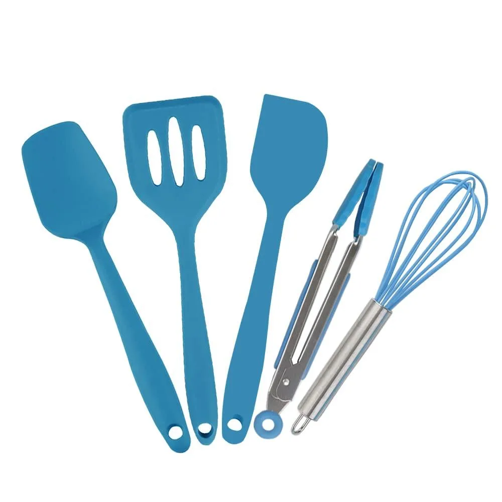 Five-piece blue silicone mini cooking utensil set on display