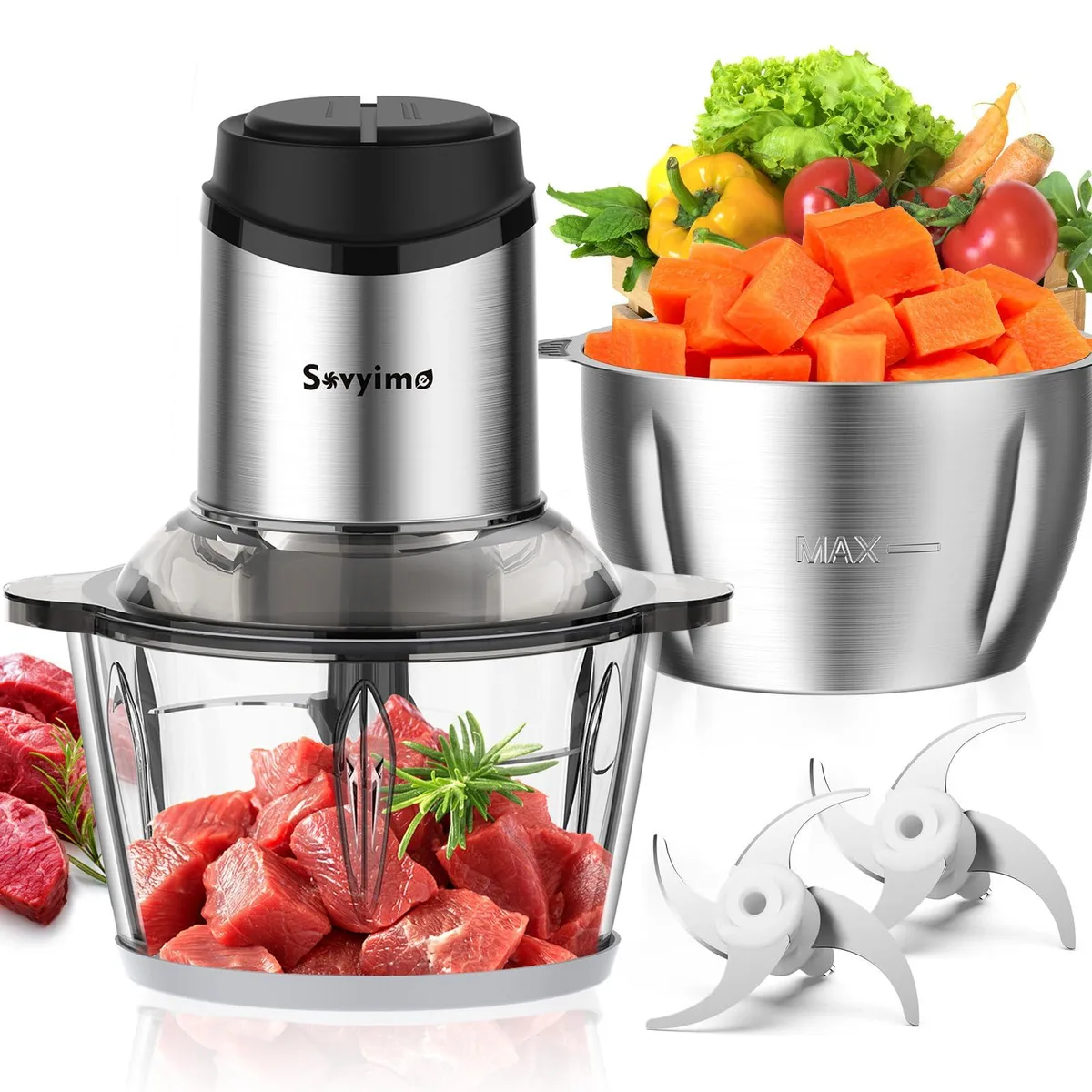 Compact white food processor with glass and stainless steel bowls, bi-level blades, and push-button controls