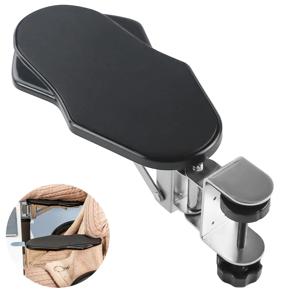Black foldable desk arm rest with sponge cushion, 12 inch tray rotates 180 degrees, pack of 10