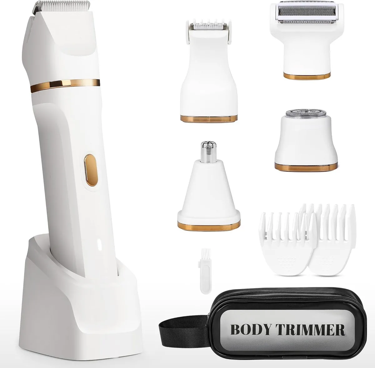 White 5-in-1 electric shaver with interchangeable heads and two combs