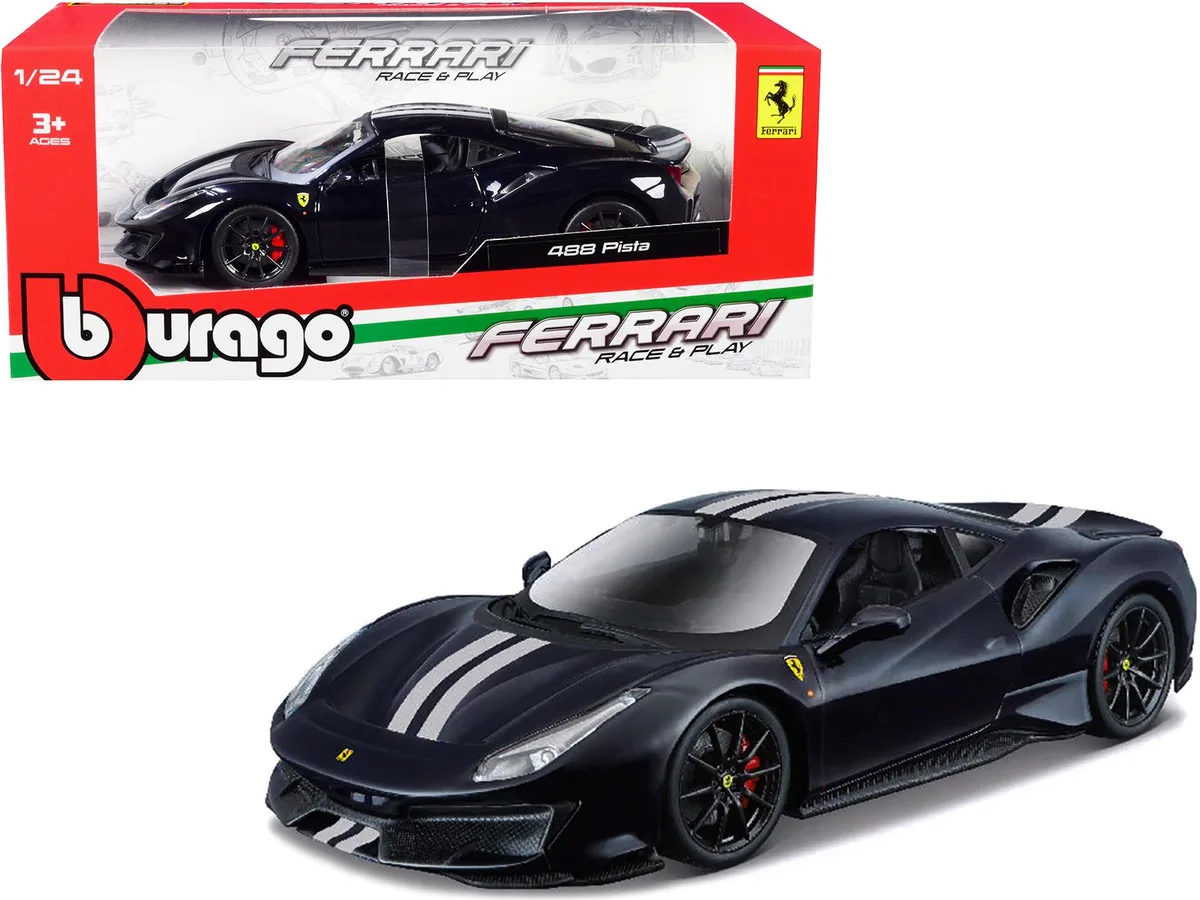BBURAGO BBURAGO Ferrari 488 Pista Dark Blue Metallic Silver Stripes 1/24 Diecast Car — product photo
