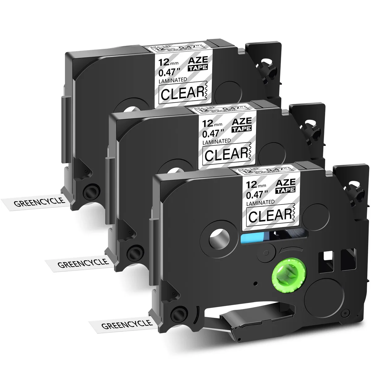 GREENCYCLE GREENCYCLE AZE-131 label 3-pack 12mm black on clear — product photo